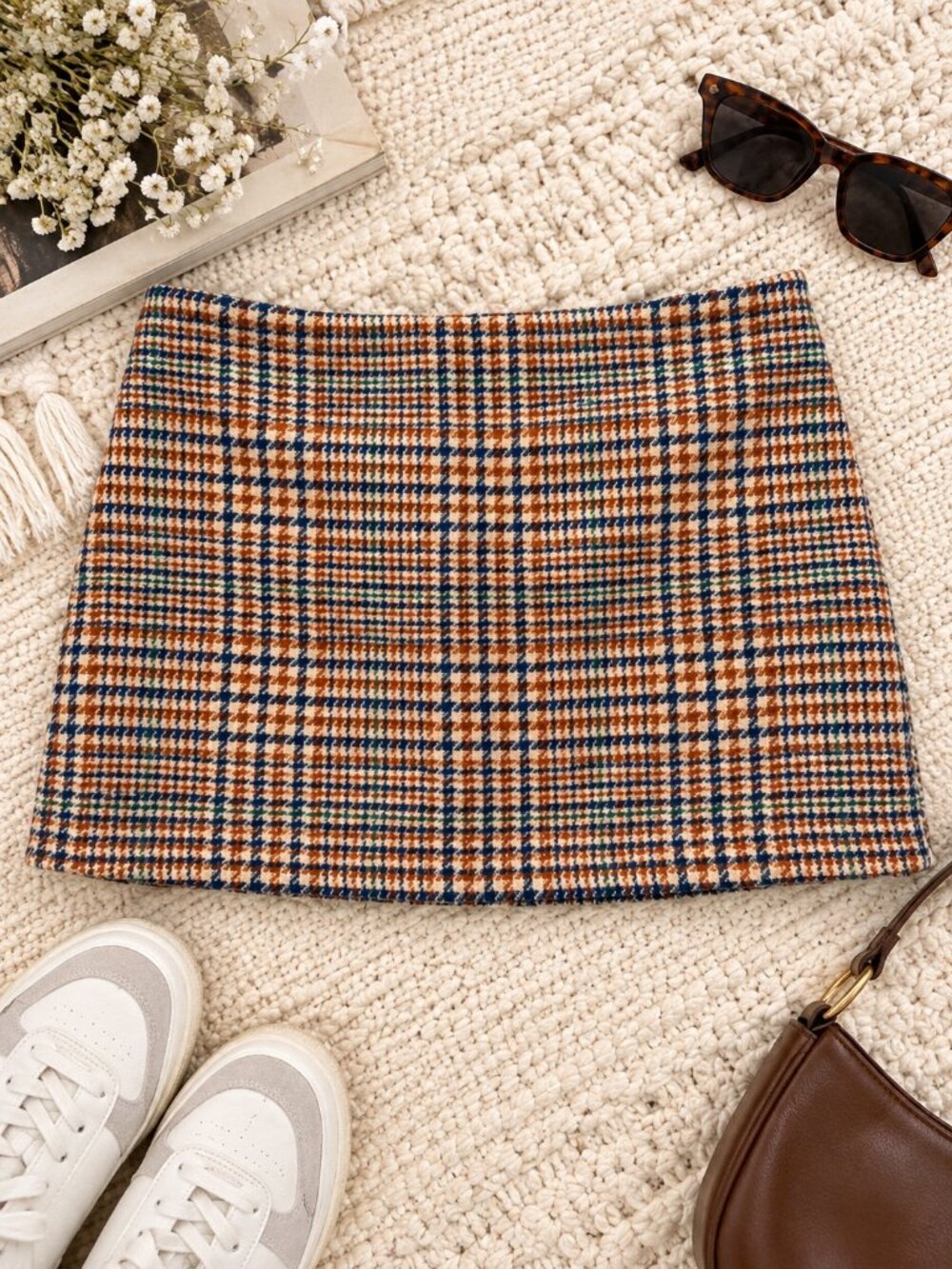 Brandy Melville Plaid Tweed Mini Skirt Brown Navy Green Preppy Fall